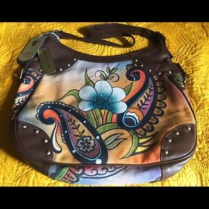Anuschka Canvas Handpainted Hobo Handbag